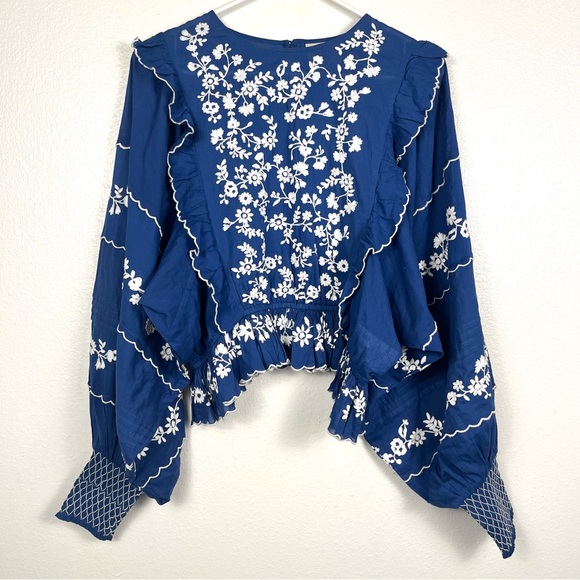 FARM Rio Blue and White Floral Embroidered Ruffled Blouse Top Medium - Picture 3 of 9